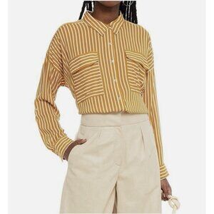 Seafolly New Voile Mustard Yellow Striped Button Down Long Sleeve Top Small
